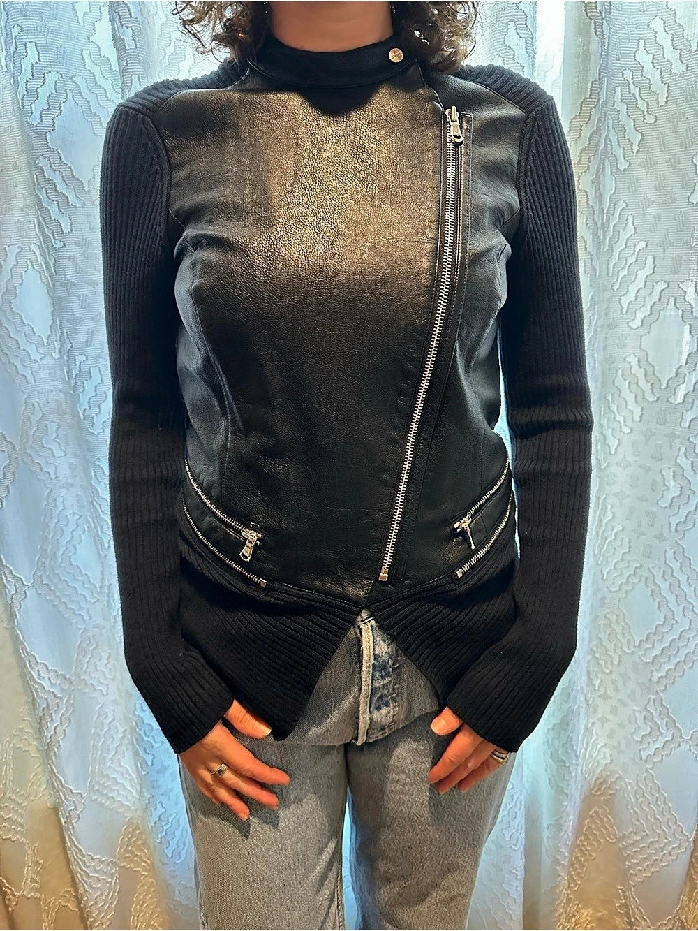Vince Rib Panel Faux Leather Jacket Black Ribbed Moto Jacket